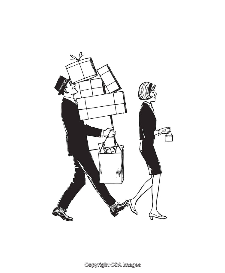 Man Carrying Multiple Gifts Following Woman in Black and White Illustration