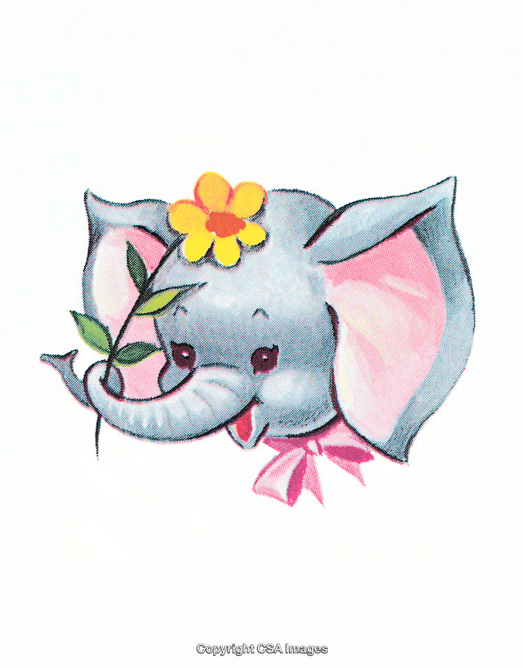 Adorable Cartoon Elephant With Flower and Pink Ribbon in Whimsical Art