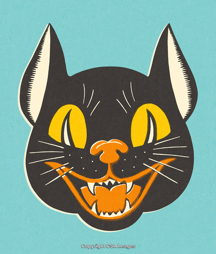 Vintage Illustration of a Black Cat With Yellow Eyes and Orange Details