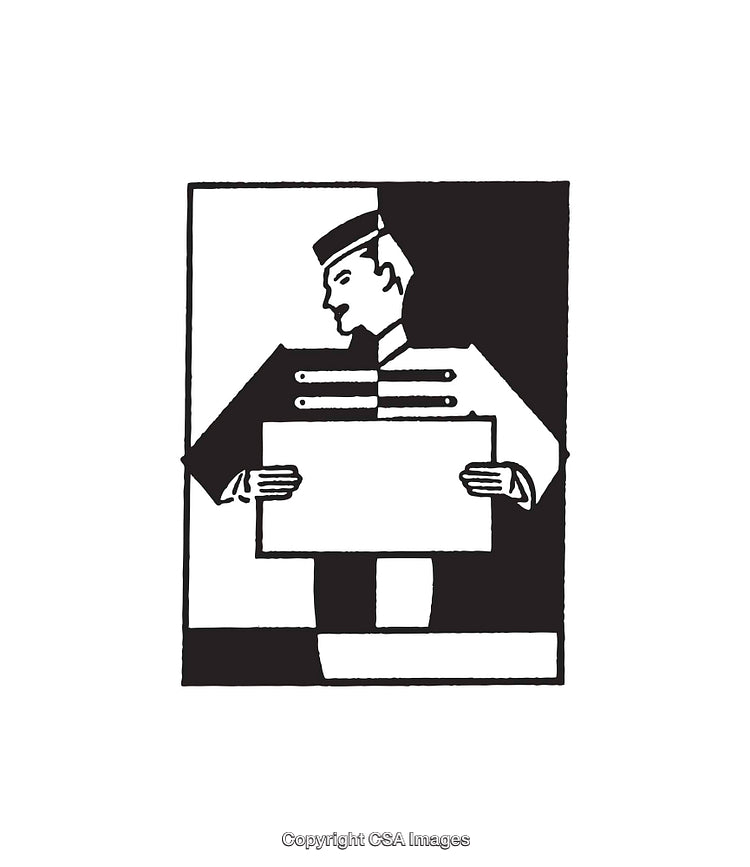 Elegant Black and White Line Art of a Doorman Figure Holding a Placard
