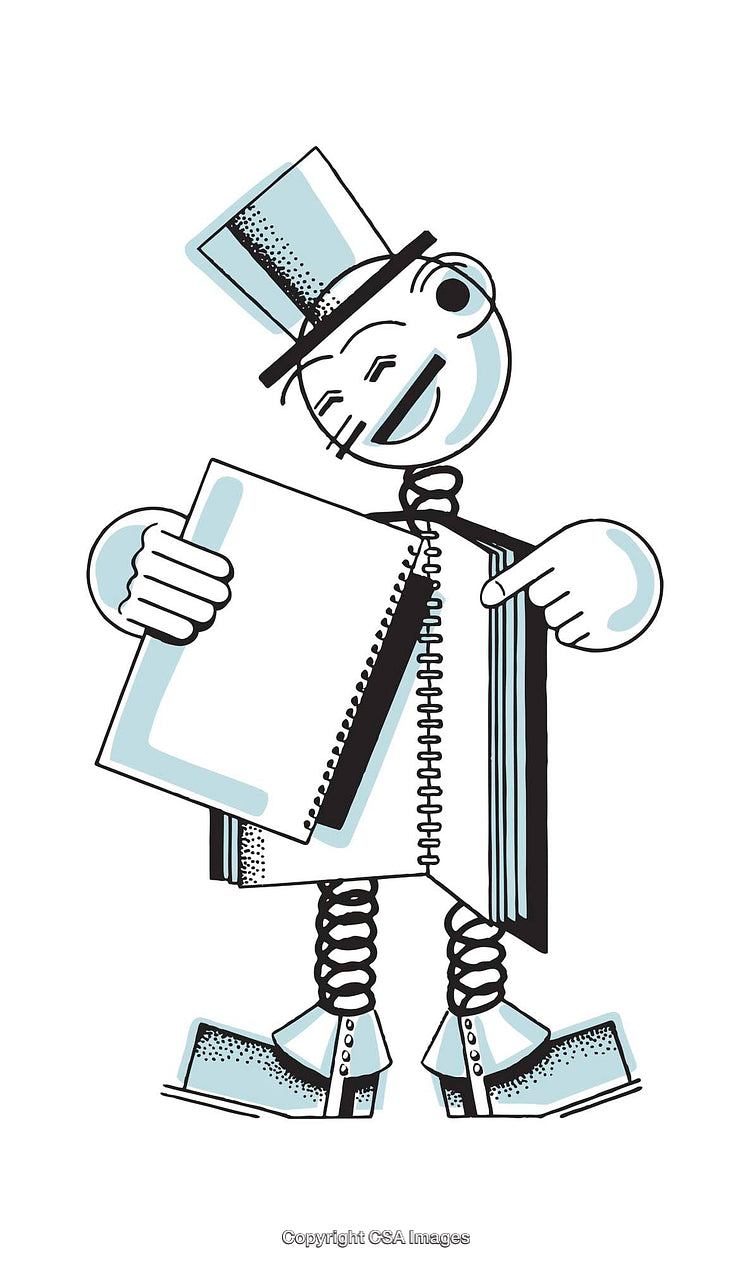 Charming Retro Cartoon Character Holding Notebook in Snappy Illustrative Style