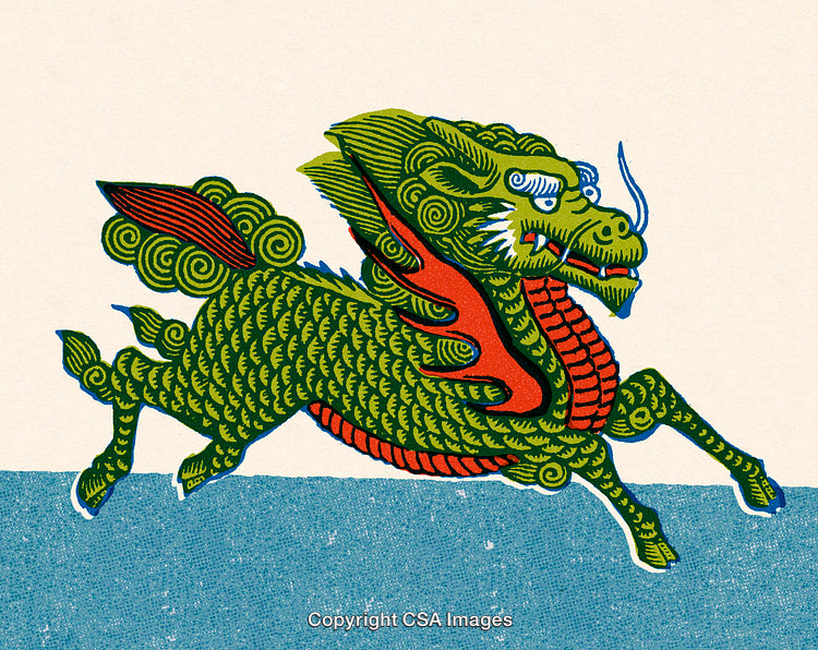 Traditional Vibrant Dragon Illustration with Distinctive Green Scales and Red Accents