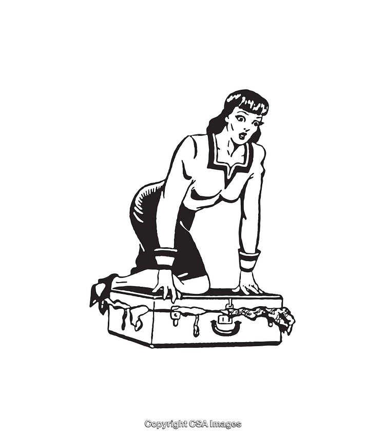 Vintage Illustration of Woman Struggling with an Overpacked Suitcase