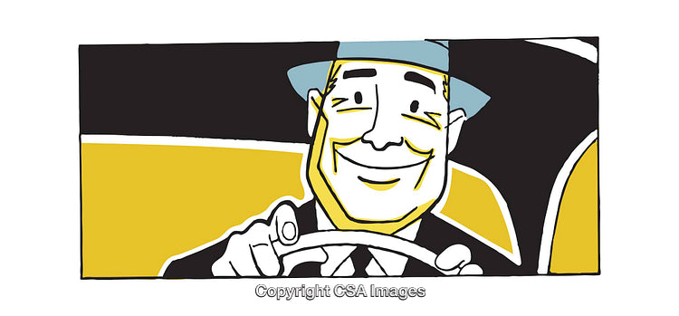 Vintage Style Illustration of a Happy Driver in a Retro Car