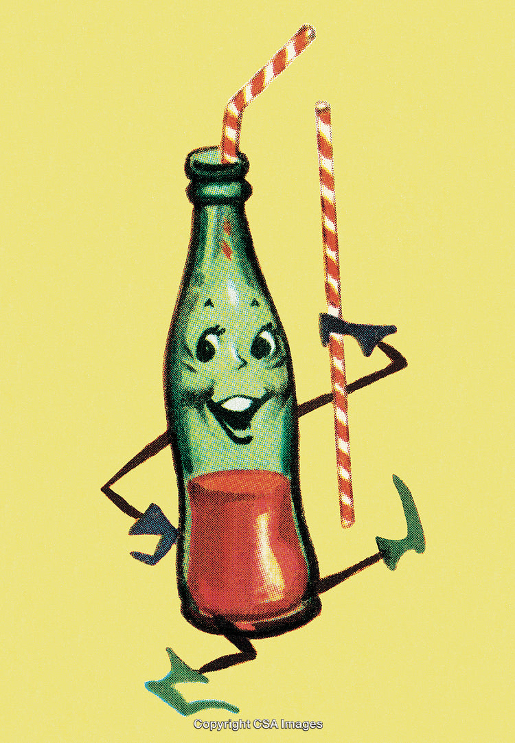Retro Illustration of a Soda Bottle Character with Striped Straw