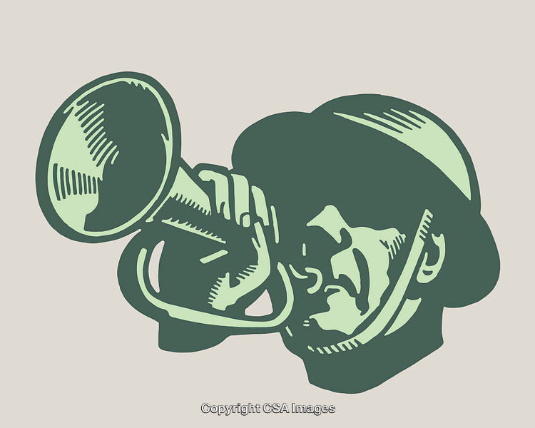 Vintage Style Line Art Illustration of a Trumpet Player in Green Shades
