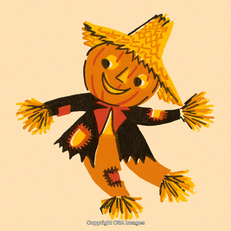 Colorful Illustration of a Cheerful Scarecrow with a Smiling Pumpkin Face