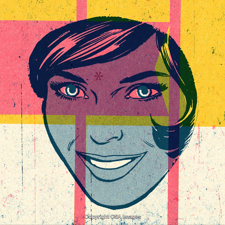 Vibrant Pop Art Illustration of Smiling Woman Portrait with Abstract Design