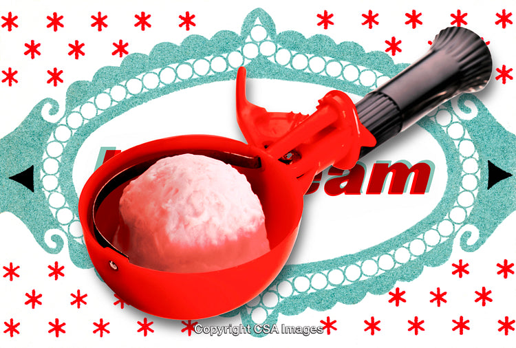 Red Ice Cream Scoop with Unique Background Design and Decorative Elements