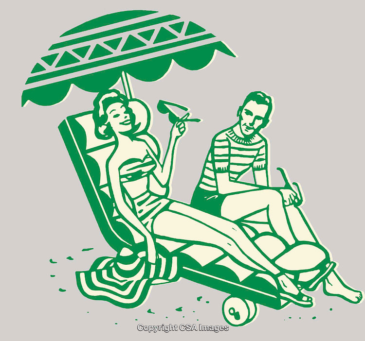 Retro Style Beach Scene Depicting Relaxation Under a Sun Umbrella