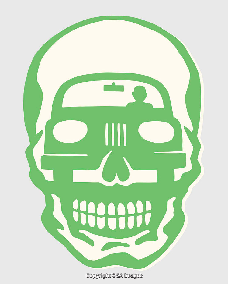 Abstract Green and White Skull and Car With Driver Illustration