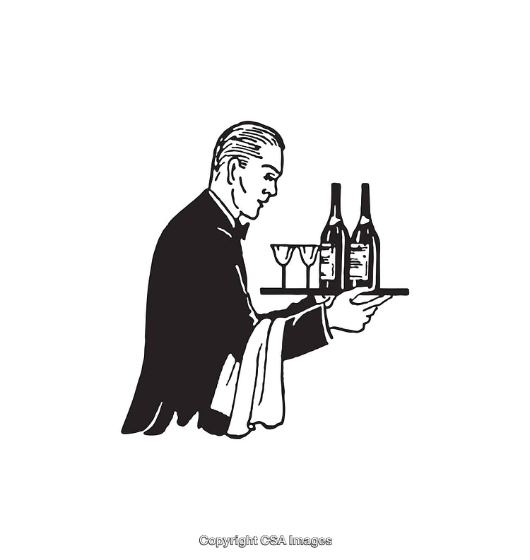 Elegantly Dressed Waiter Serving Wine And Glasses on Tray - Line Art