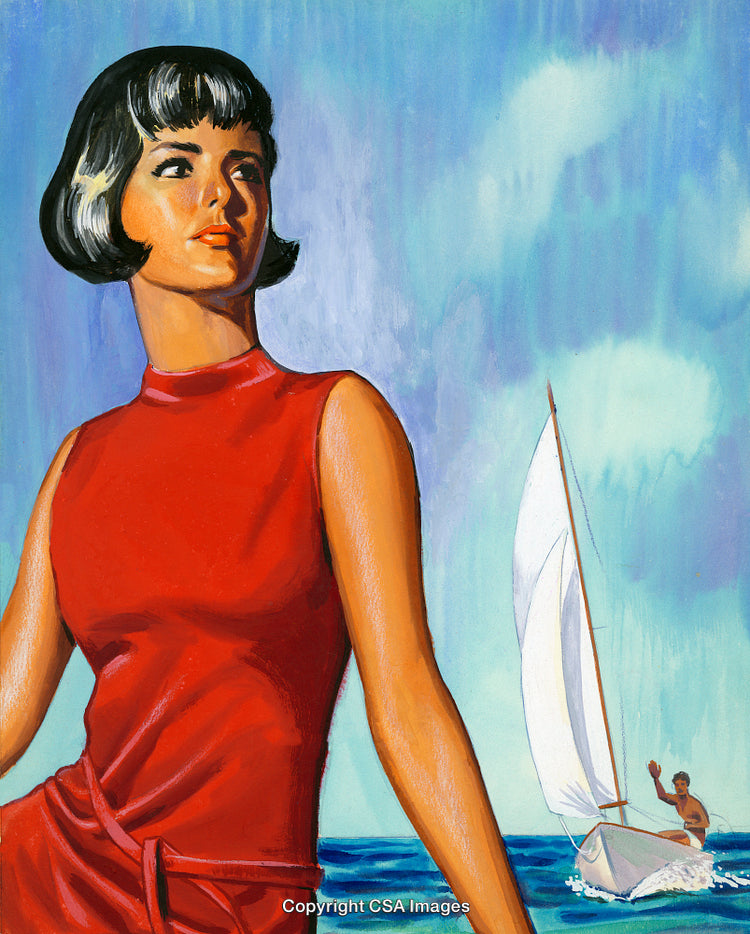 Elegant Woman in Red Dress with Coastal Background and Sailboat
