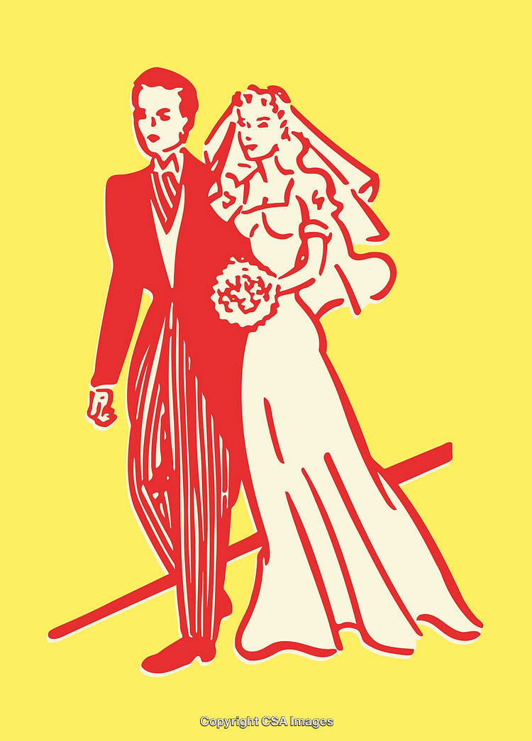 Colorful Line Art Illustration of a Bride and Groom on Their Wedding Day