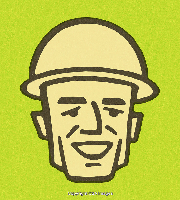 Retro Worker Illustration Featuring Smiling Face and Hard Hat on Vibrant Background