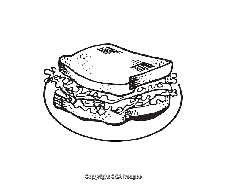 Black and White Line Art of a Sandwich Illustration on a Plate