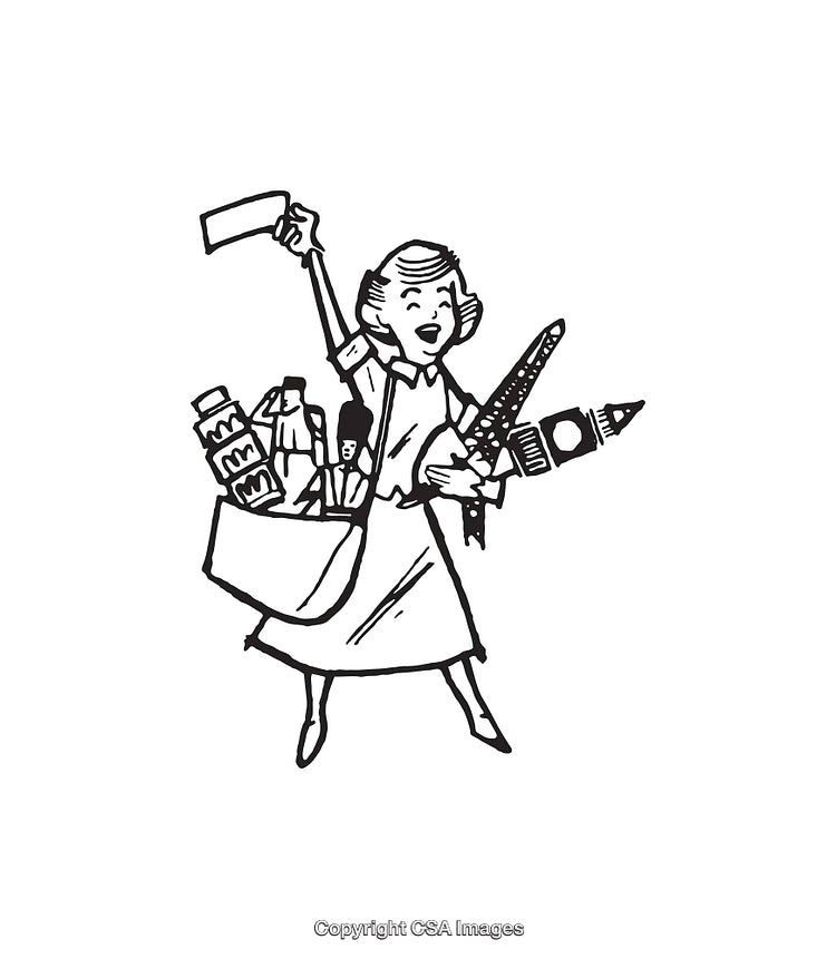 Vintage Line Art Illustration of a Woman Carrying Shopping Bags and Groceries