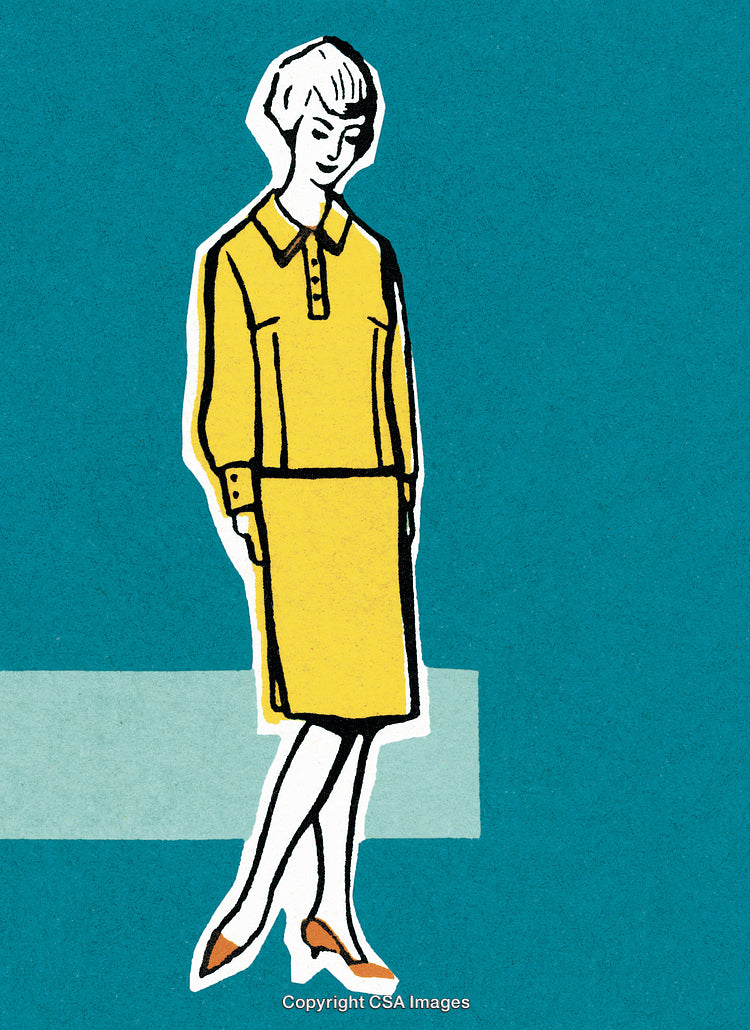 Retro Illustration of a Woman in a Yellow Dress on a Blue Background