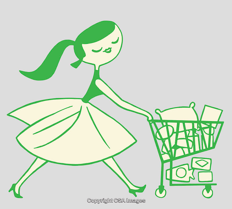 Stylized Illustration of Woman Shopping with Full Cart in Retro Art Style