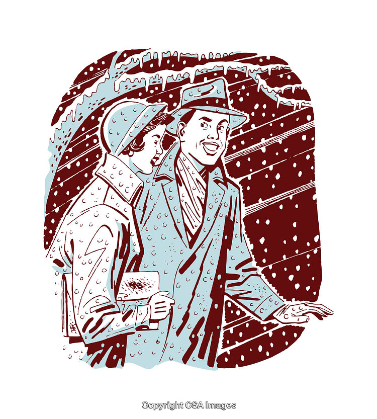 Illustration of a Joyful Couple Walking in a Snowy Winter Scene