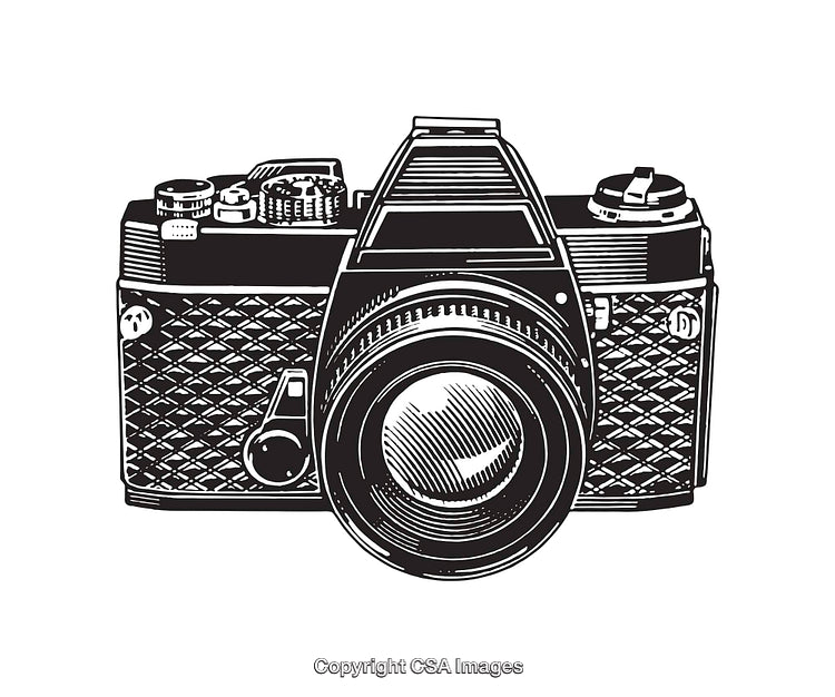 Black and White Line Art Illustration of a Vintage Camera