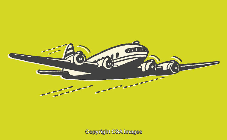 Vintage Airplane Illustration in Retro Line Art Style on Yellow Background