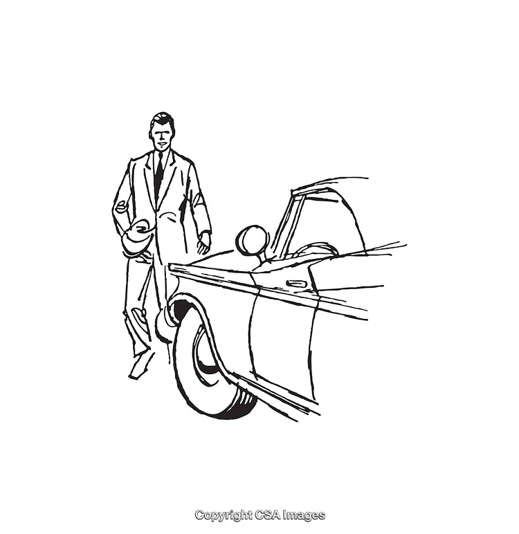 Black and White Line Art of a Man and a Classic Car