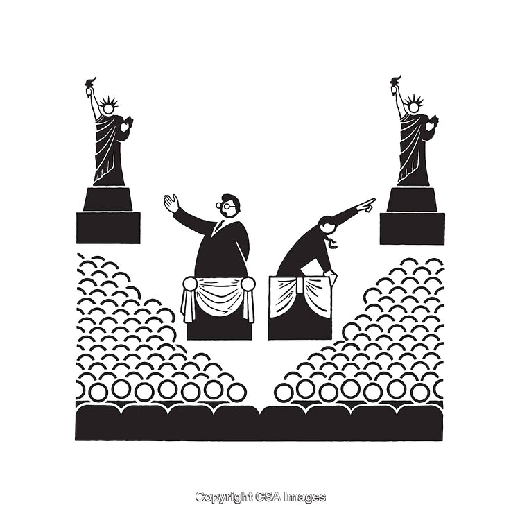 Black and White Line Art Depicting Politicians Speaking to Crowds