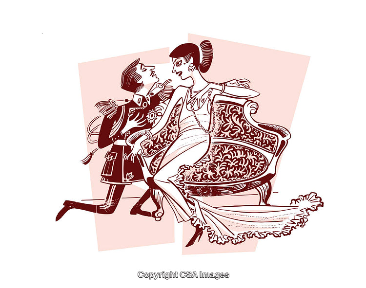 Artistic Illustration of Vintage Couple in Romantic Embrace on Decorative Sofa