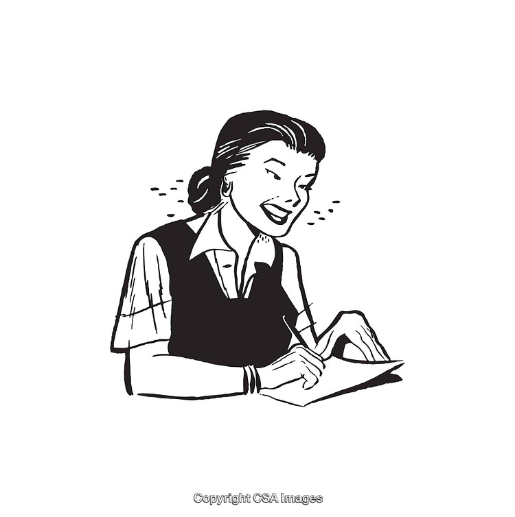 Retro Style Illustration of a Writing Woman in Black and White