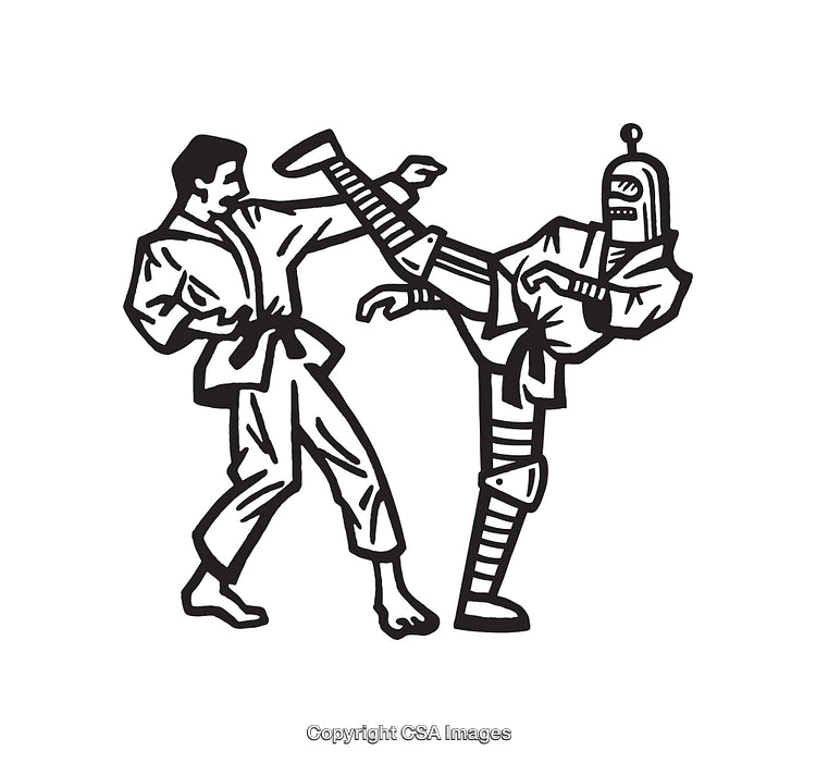 Black and White Illustration of Martial Arts Fight Between Human and Robot