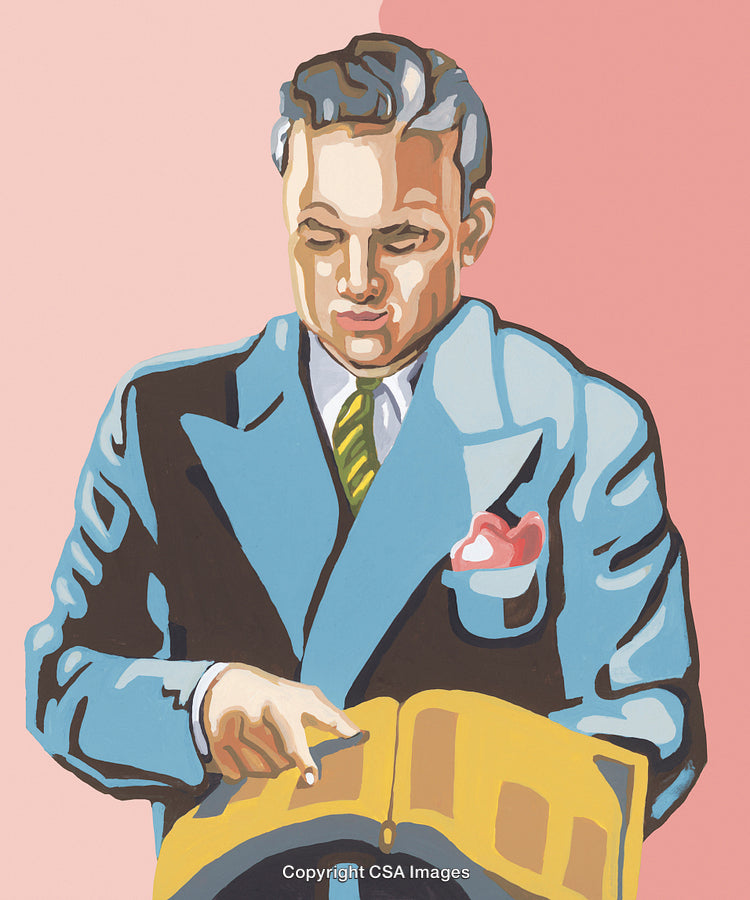 Retro Illustration of a Man Reading a Book in Paint by Number Style
