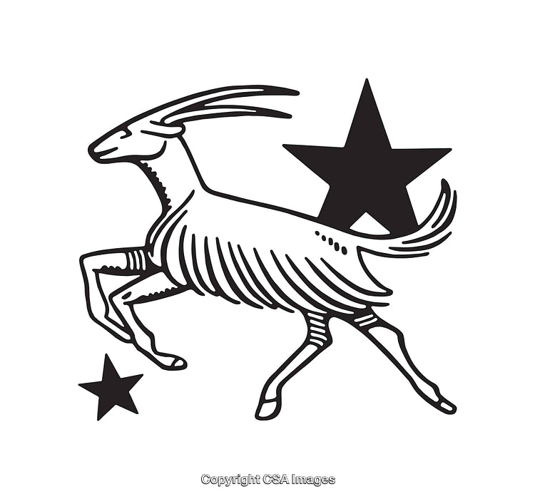 Stylized Black and White Goat Illustration with Decorative Elements