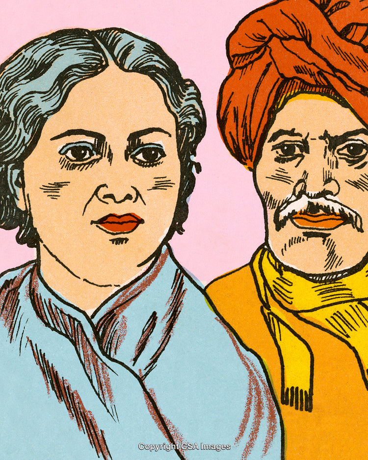Illustrated Portrait of a Man and Woman in Traditional Attire on Colored Background