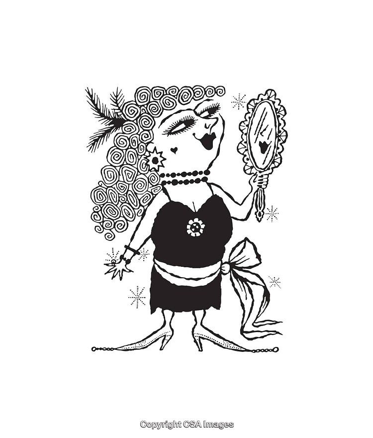 Whimsical Line Art of Glamorous Character Admiring Reflection in Hand Mirror