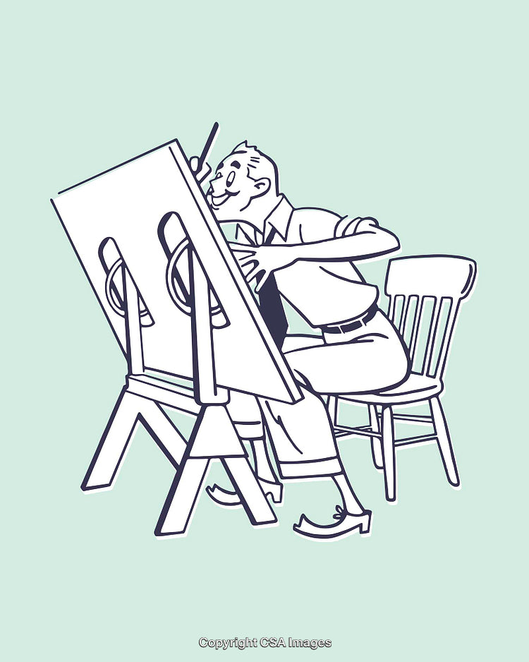 Cartoon Artist Drawing on Drafting Desk Line Art Illustration