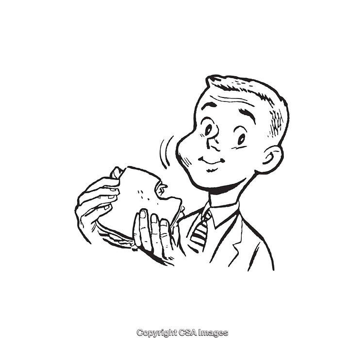 Retro Line Art of Cheerful Man Eating Sandwich in Black and White