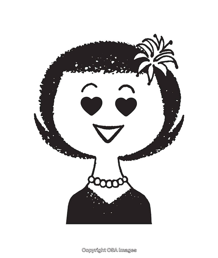 Stylized Black and White Line Art Illustration of Happy Woman