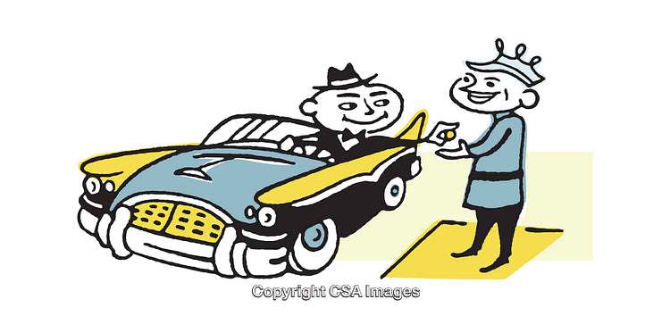Cartoon Businessman in Vintage Car Greeting a Friendly Attendant