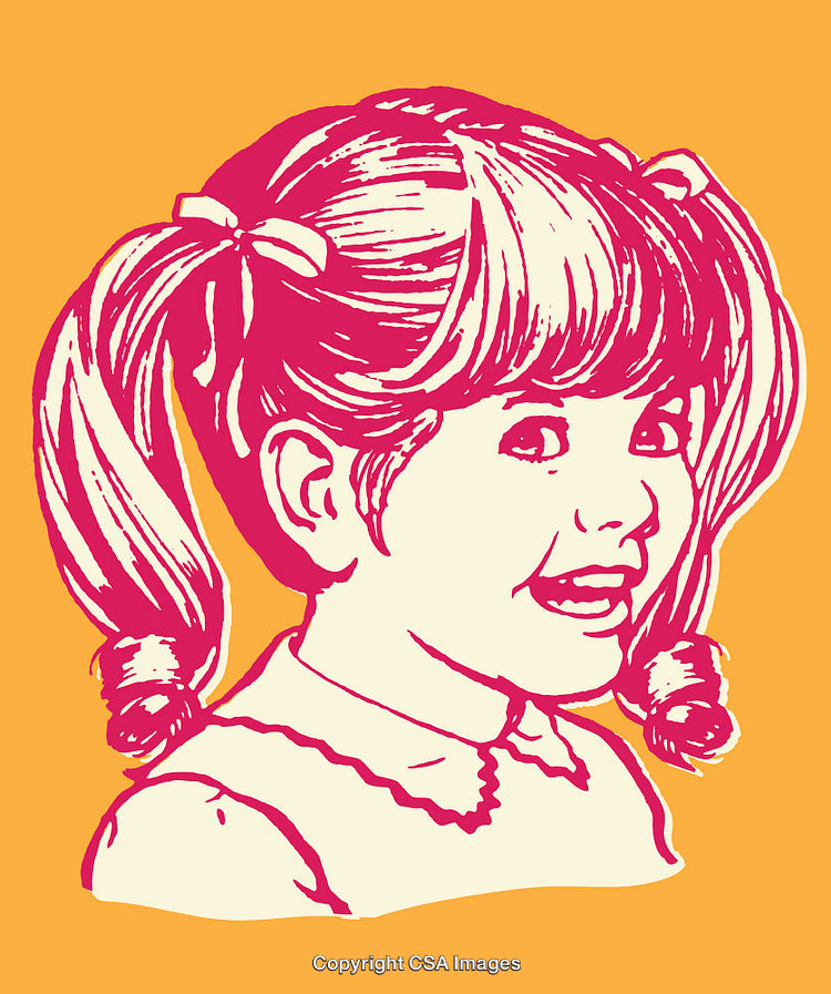 Bright Retro Style Illustration of a Smiling Girl with Pigtails