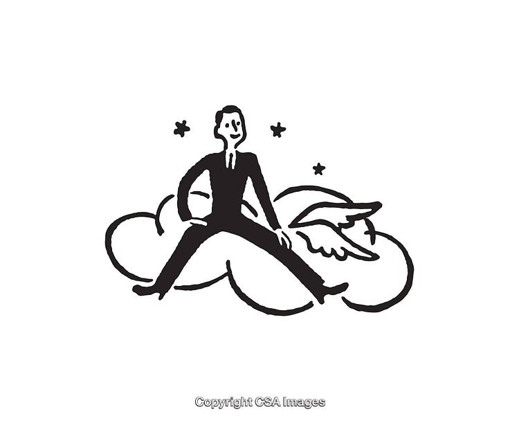 Businessman Illustrating Positive Ambition Flying on Cloud and Wings