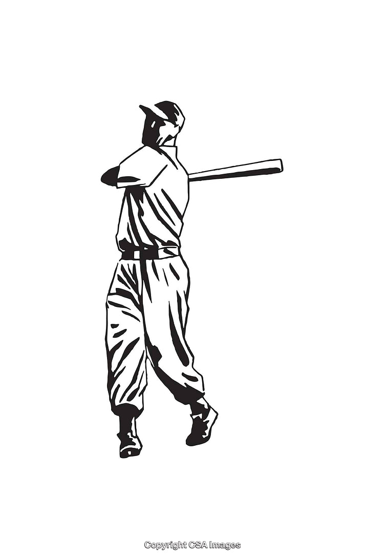 Black and White Line Art of a Baseball Player Swinging Bat