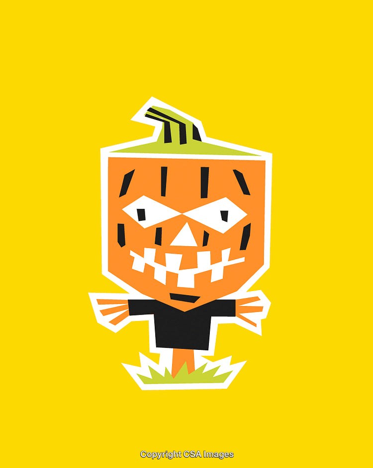 Playful Cartoon Pumpkin Scarecrow with Bright Yellow Background
