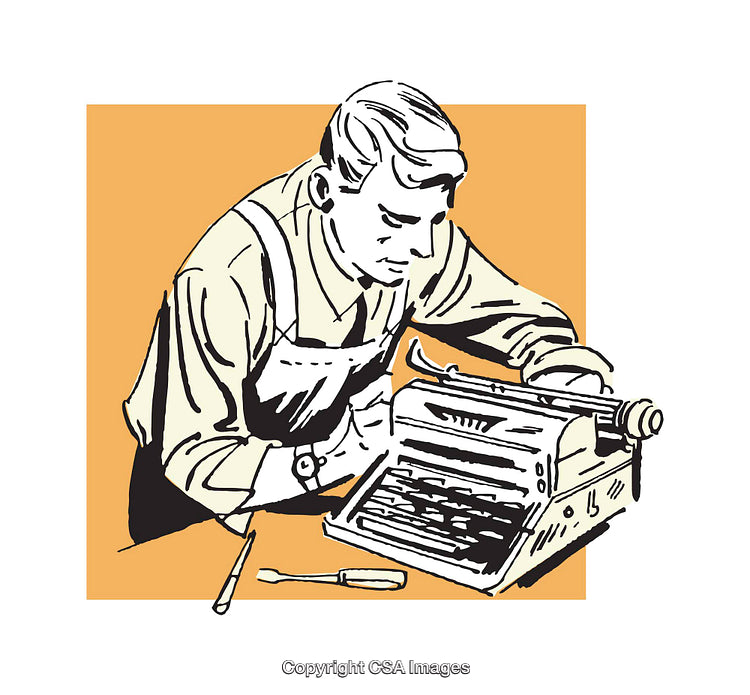 Vintage Illustration of a Technician Repairing a Mechanical Typewriter