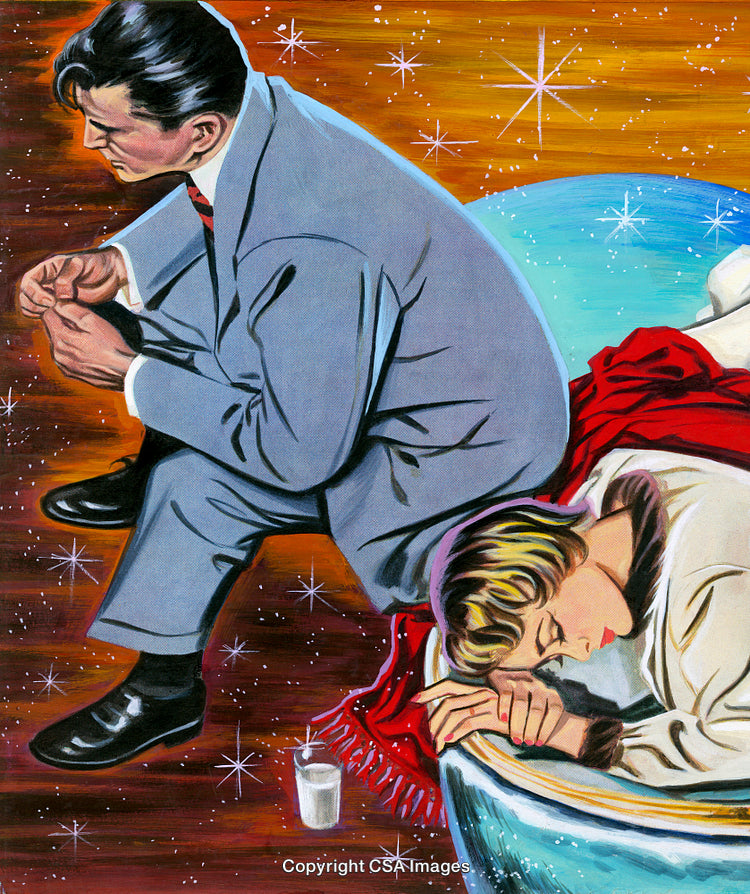 Vintage Illustration of a Reflective Couple with Dramatic Atmosphere