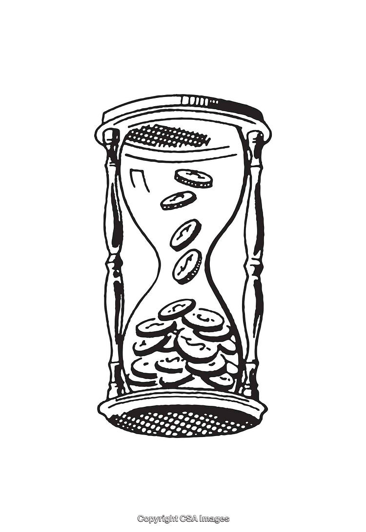 Black and White Line Art Illustration of Hourglass with Coins Falling Inside
