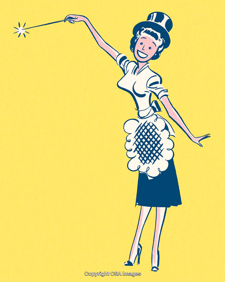 Retro Cartoon Housewife Waving Wand in Vintage Style Illustration