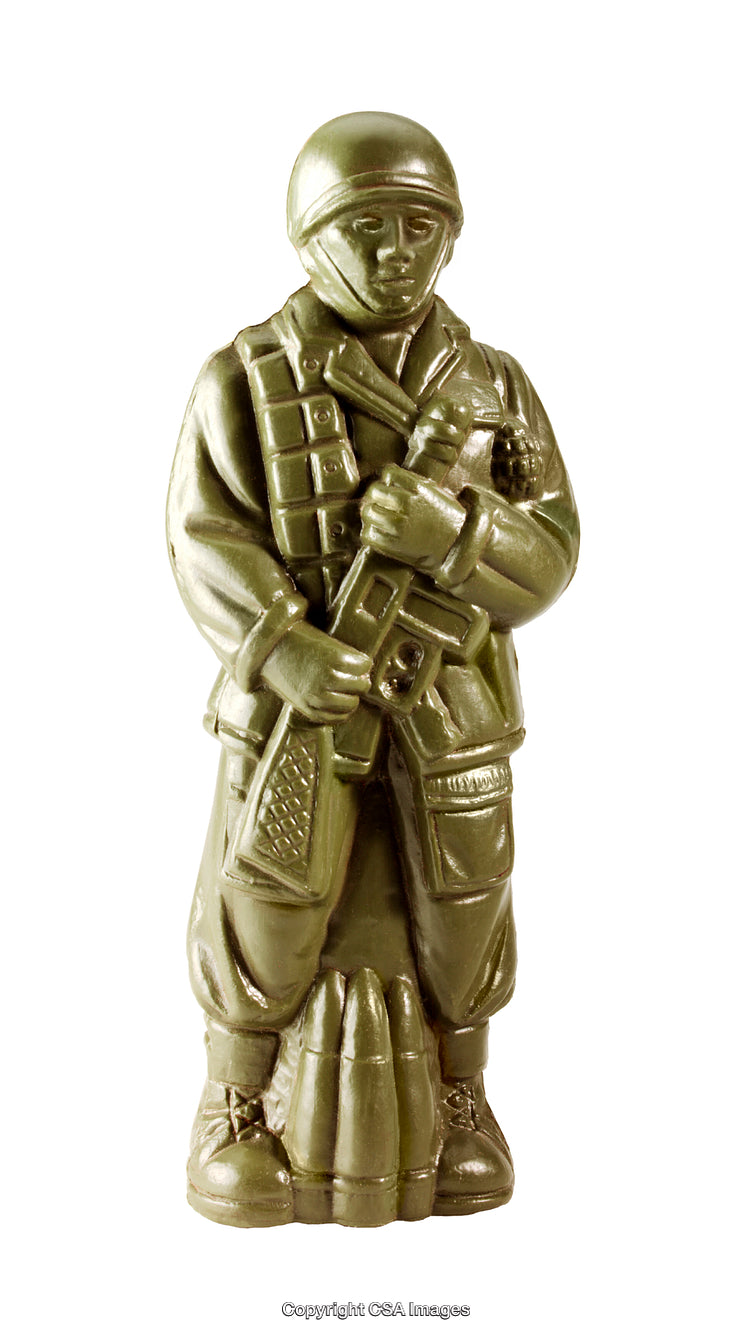 Plastic Toy Soldier Holding Rifle Standing on Display with Detailed Molded Design
