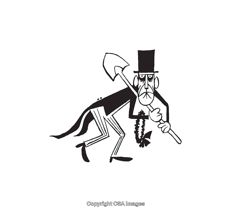 Black and White Illustration of a Character Holding a Shovel