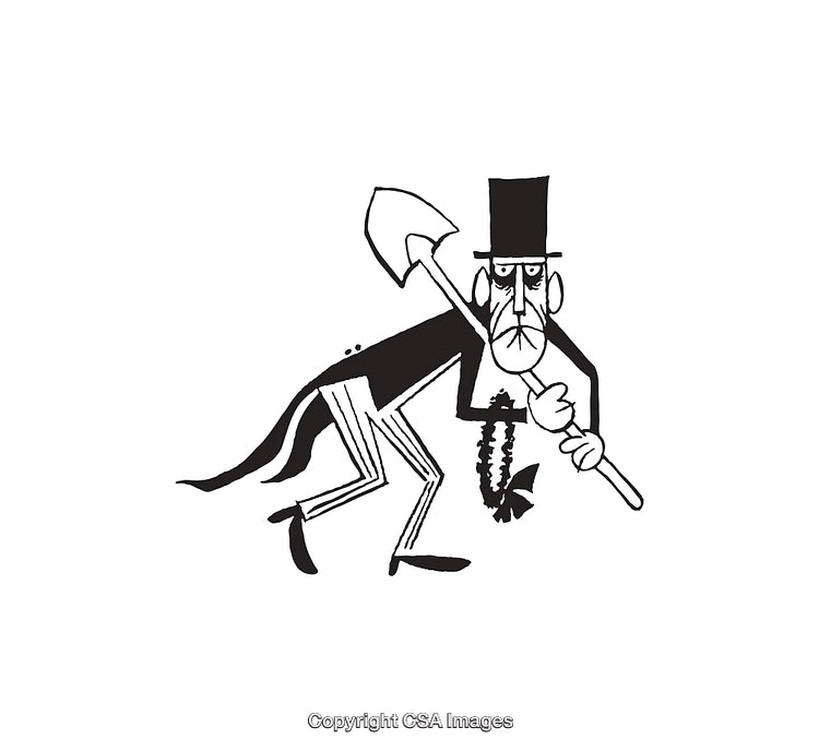 Black and White Illustration of a Character Holding a Shovel